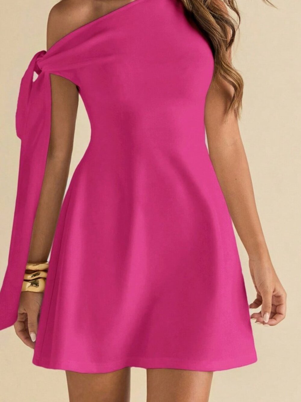 Hot Pink Elegant Women's Asymmetric Shoulder Tie Slim Fit A-Line Peplum Dress - Picture 7 of 7